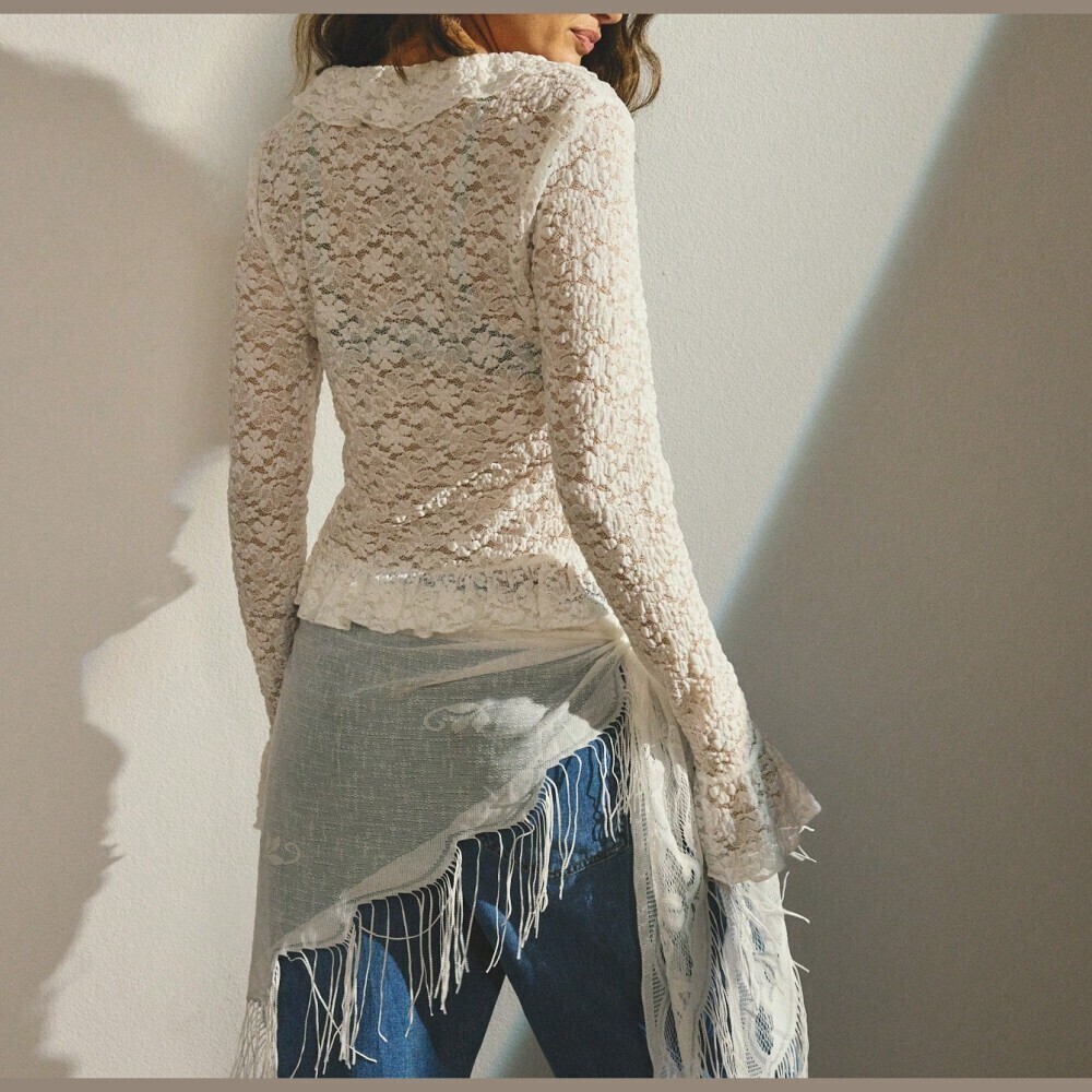 Ivory Lace Ruffle Front Top - Slim Fit Long Sleeve Blouse - Picture 2 of 12